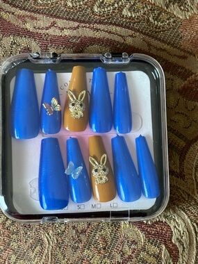 Blue and Mustard Press-On Nails Set Size M